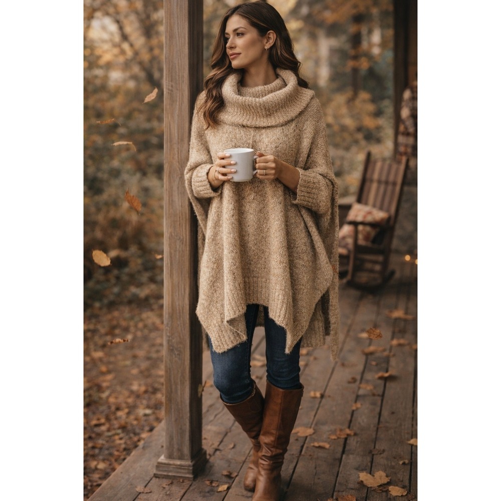 Ruby Moon Cowl Neck Sweater‎ XS Oversized Poncho Knit Beige Cozy Cottagecore